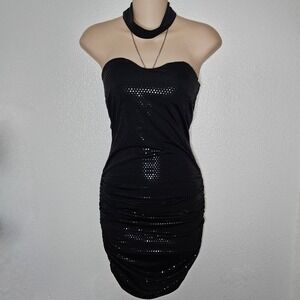 Y2k Cristina Black Sequin Bodycon Mini Dress Choker Neck
